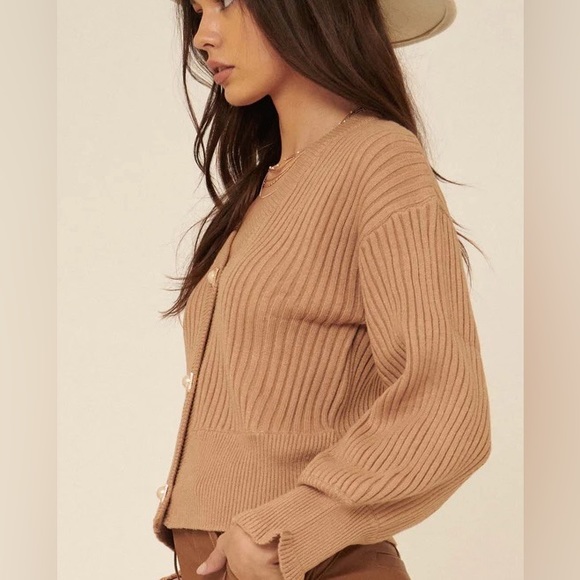 Tan Pearl Button Rib-Knit Cardigan - Picture 5 of 10